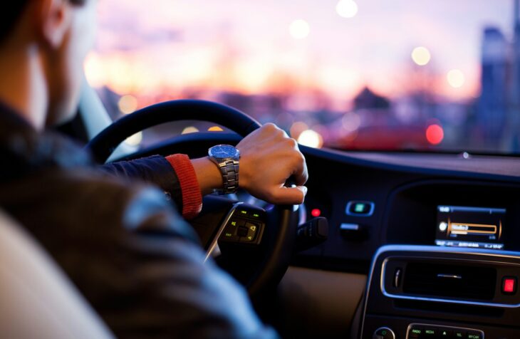 man driving a car wearing wrist watch